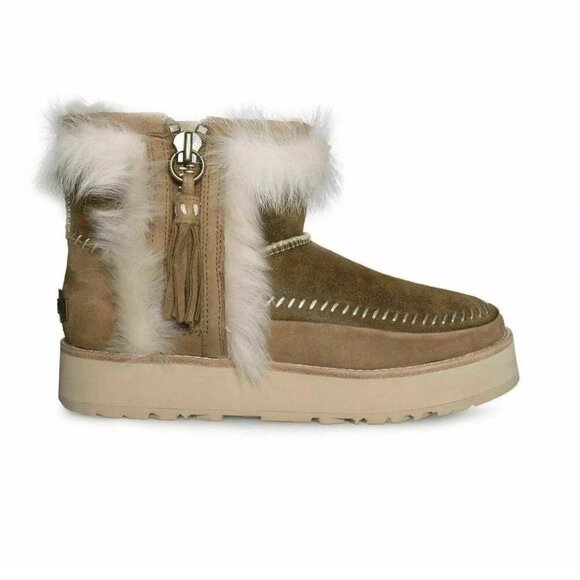 UGG FLUFF PUNK BOOT CHESTNUT LEATHER SHEEPSKIN STITCH MINI BOOTS SIZE US 5 NEW - Picture 2 of 4